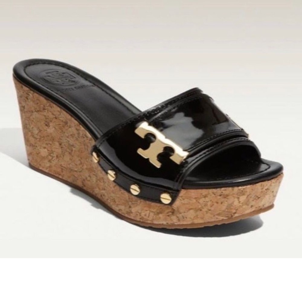 Tory Burch black Pamela patent cork sandals 7.5